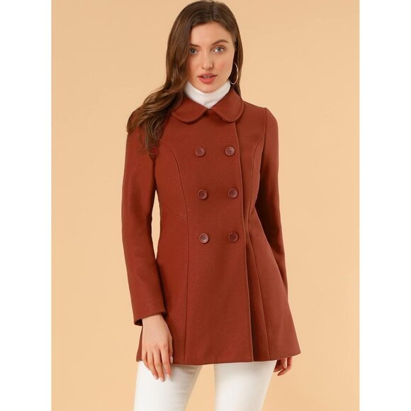 Women's Brown Peter Pan Collar Double Breasted Winter Long Trench Pea Coat - Picture 2 of 5